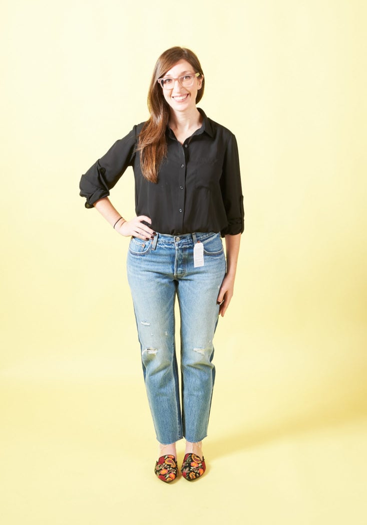 Stitch Fix Womens October 2017 - Button Down Bodysuit and Levi's 501 Jeans outfit
