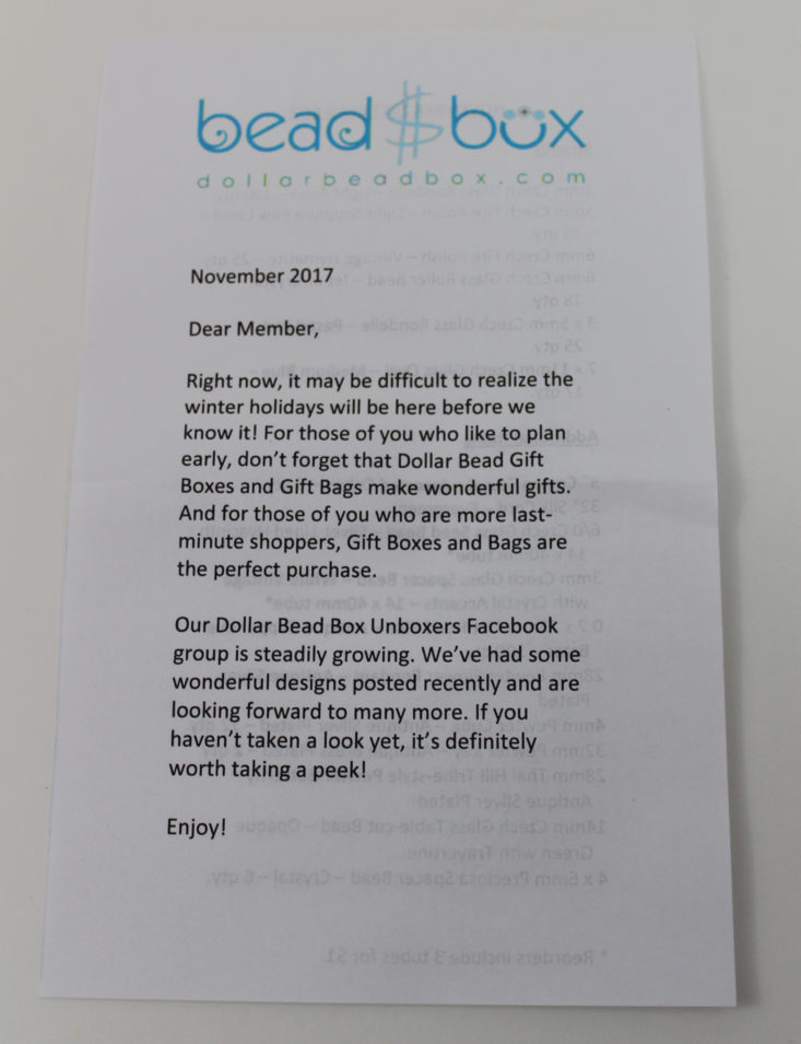 Dollar Bead Box November 2017 Booklet Front