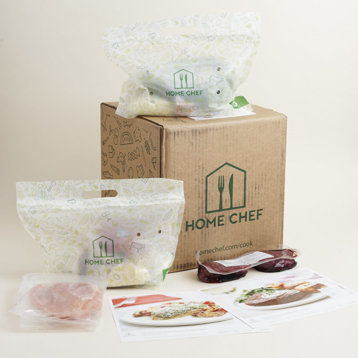 ingredients of two home chef meals with box