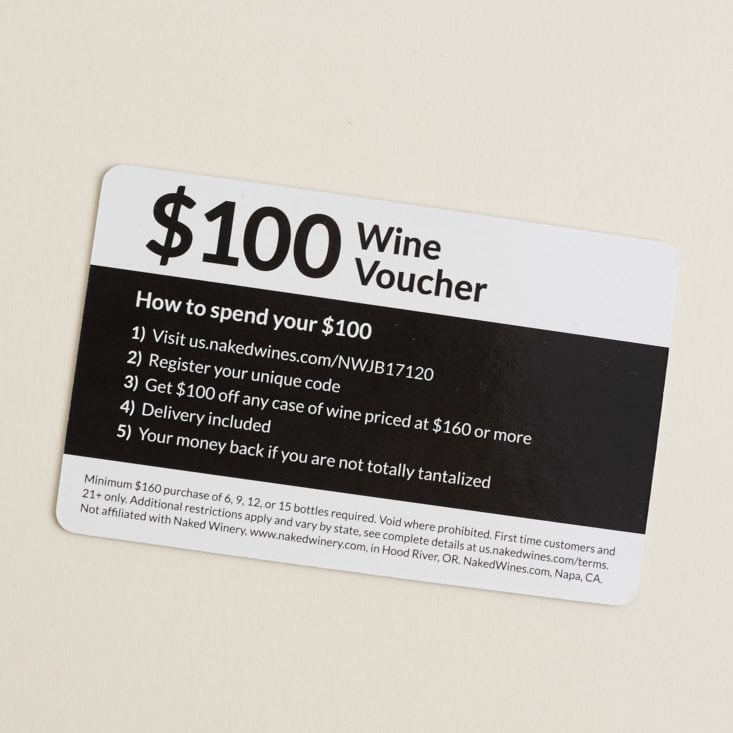 back of $100 gift card voucher for naked wines