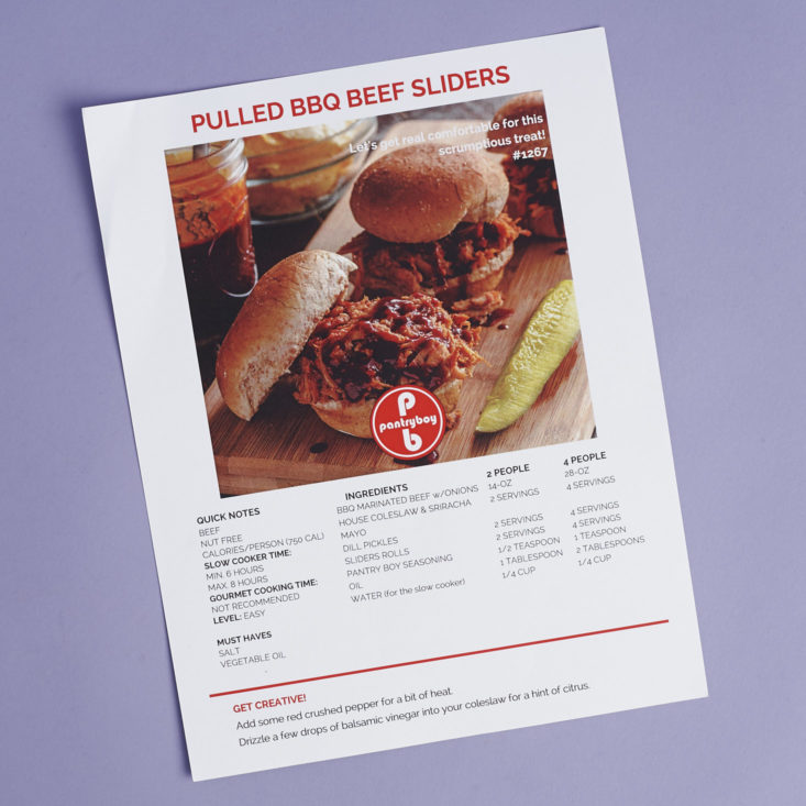 recipe card for Ingredeints for Pulled BBQ Beef Sliders with coleslaw