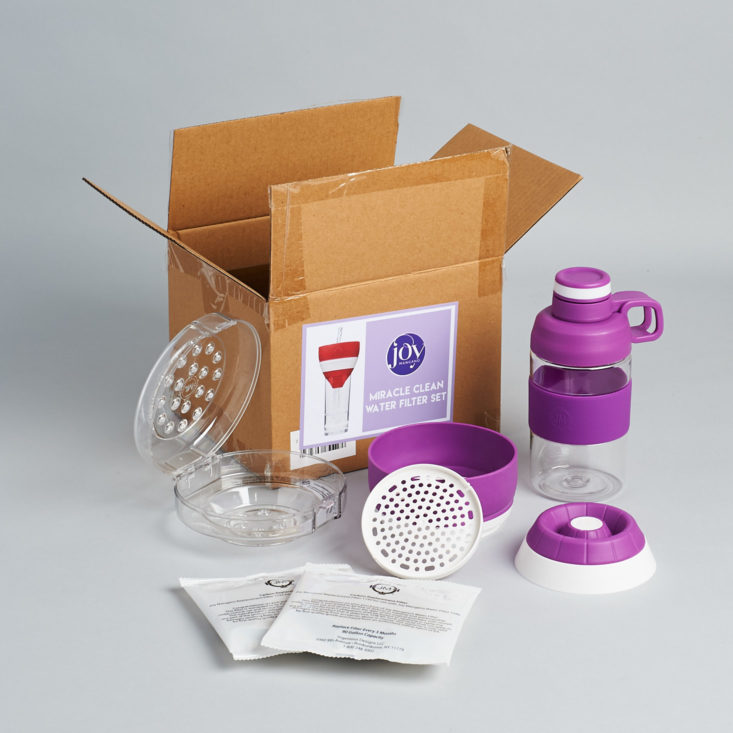 water bottle and filter kit outside of box