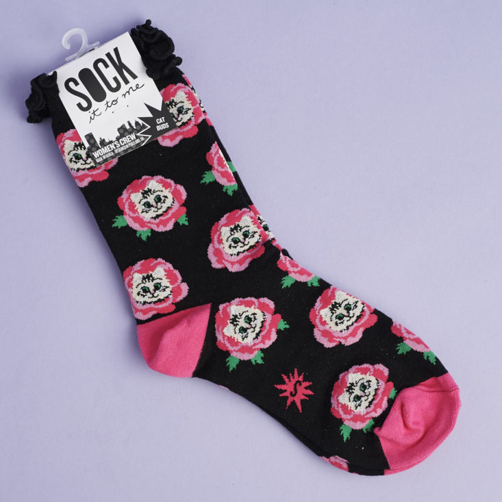 pink and black cat socks with ruffle cuff
