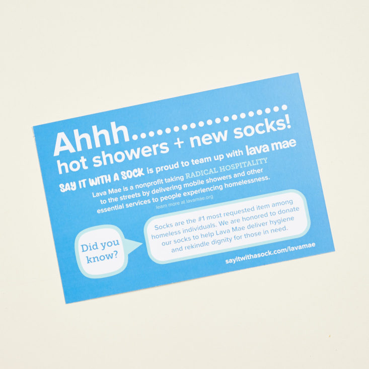 Say It With A Sock donates socks to homeless shelters as part of their charitable giving program.