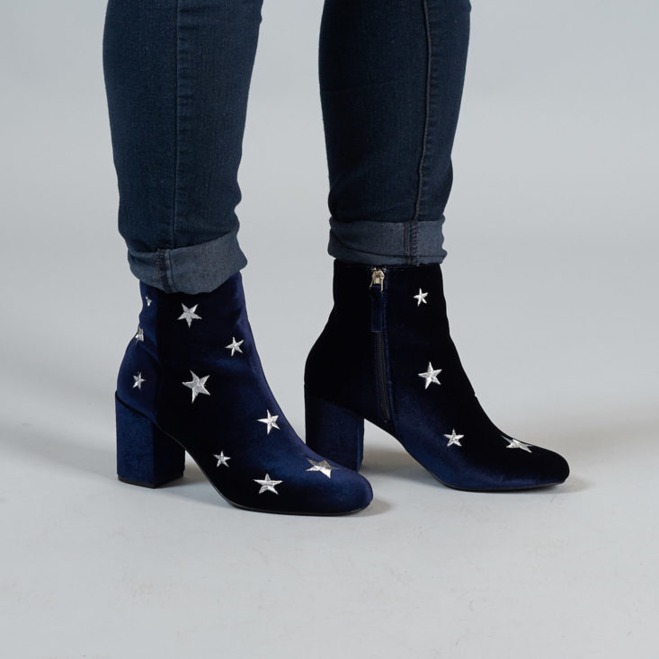 blue velvet ankle boots with silver stars