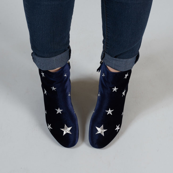 blue velvet ankle boots with silver stars