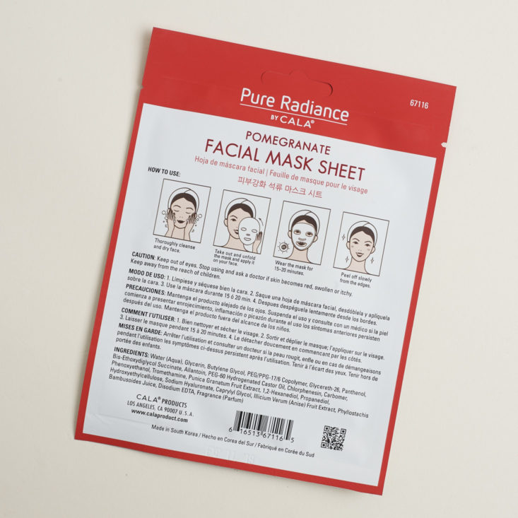 back of Front of Pure Radiance by Cala Pomegranate Face Mask