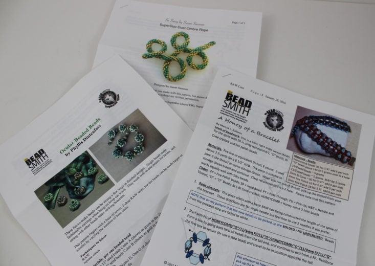 three pages of information from the adornable elements bead box