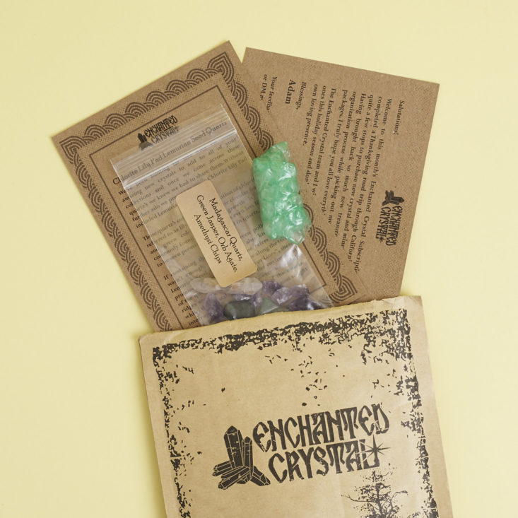 Crystals and info cards coming out of package