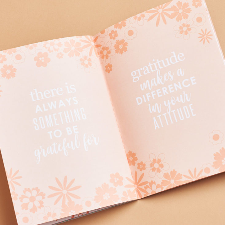 inspiring quotes inside the pink flower-print pages of the erin condren 2018 gratitude journal