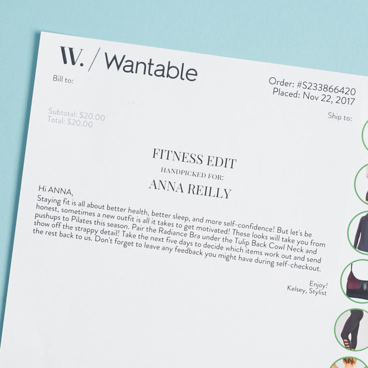 stylist note on the inside of wantable fitness november invoice