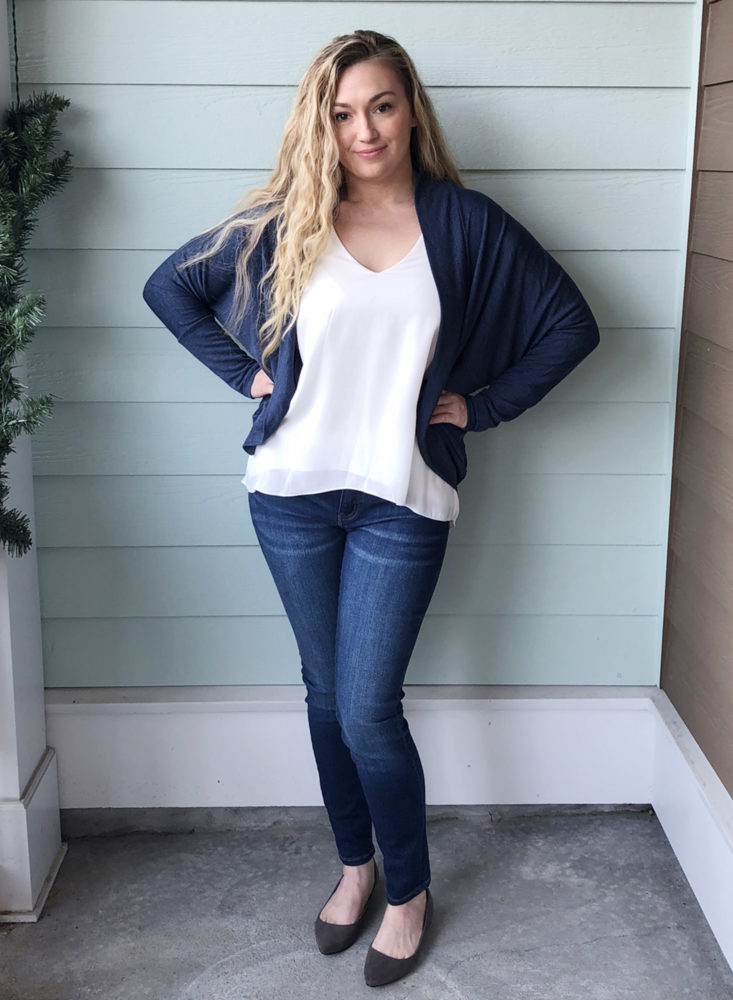 Hacci Cardigan Navy, W. by Wantable modeled