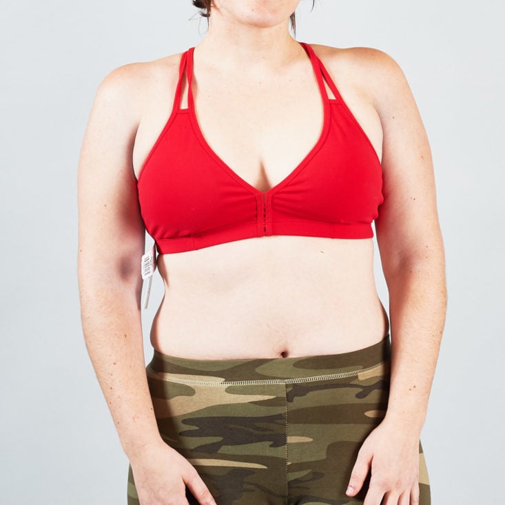 front of a bright red sports bra with a bikini style cut