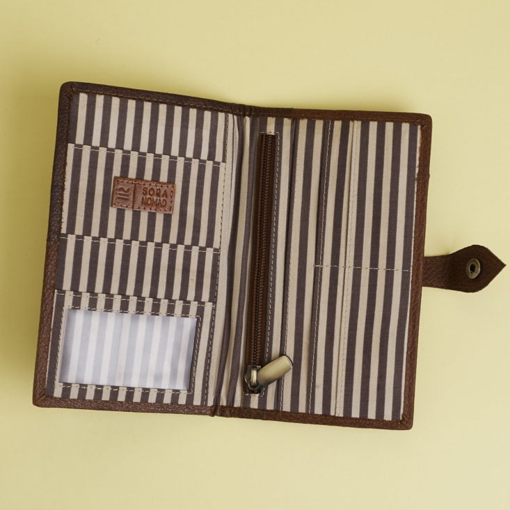 Ikat wallet open, showing striped fabric