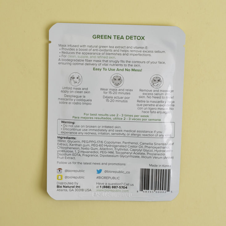back of BioRepublic Green Tea Detox Sheet Mask