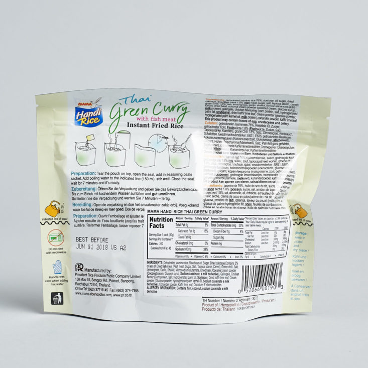 Handy Rice Green Curry Packet nutrition facts