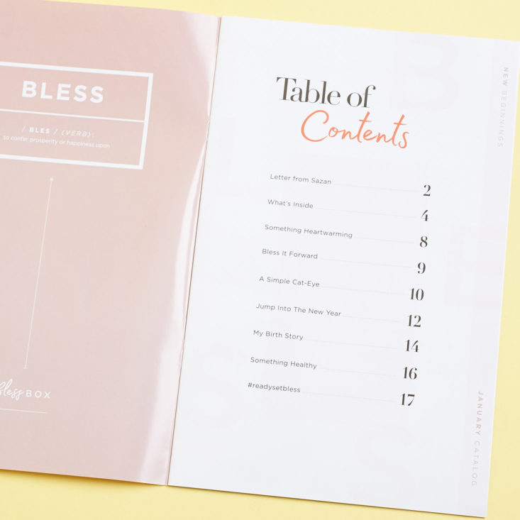 table of contents for Bless Box info booklet