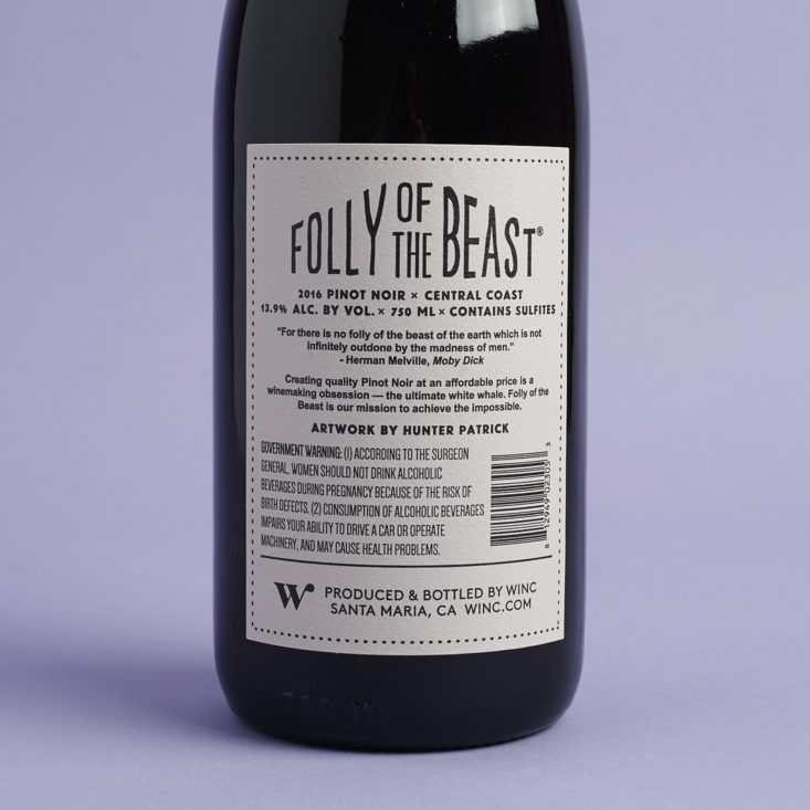 back of label for 2016 Folly of the Beast Pinot Noir
