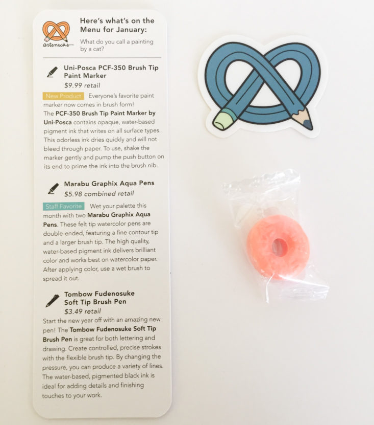 art snacks january 2018 booklet frontnext to pretzel sticker and lifesaver candy