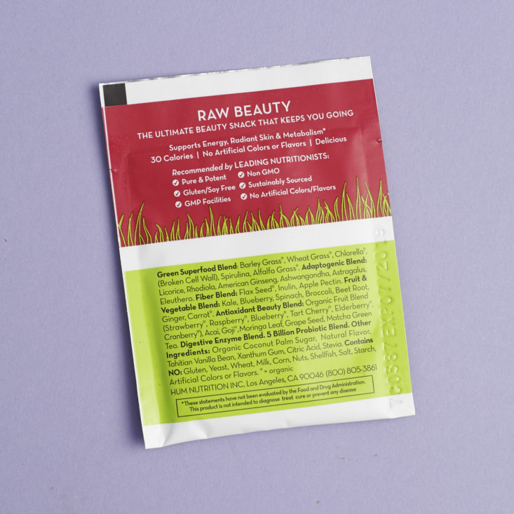 back of HUM Nutrition Raw Beauty Super Food packet