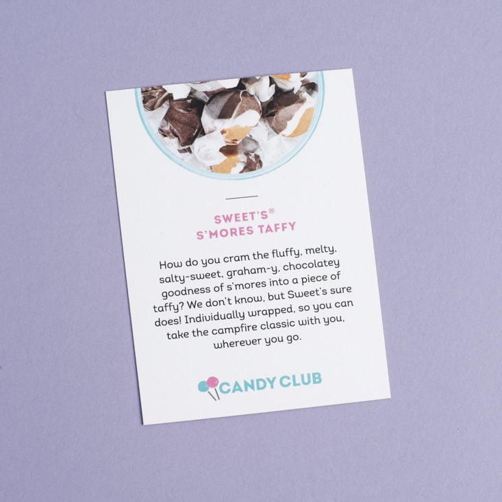 Sweet's S'mores taffy info card