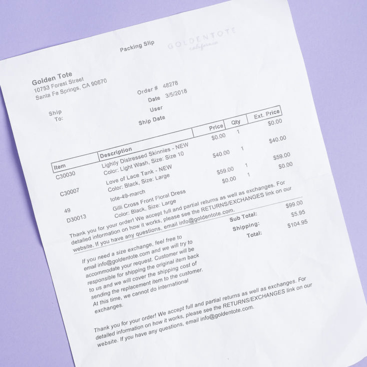 golden tote invoice