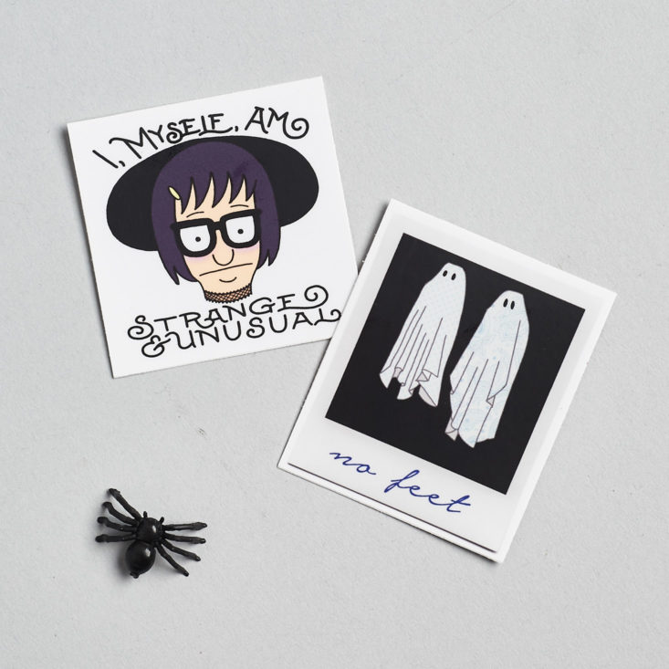 "No Feet" Beetlejuice sticker and "I mysewlf strange and unusual" Tina as Lydia sticker