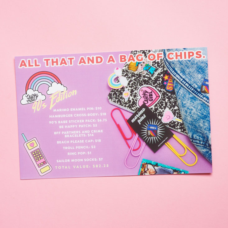 info card for quirky crate 90s edition march 2018
