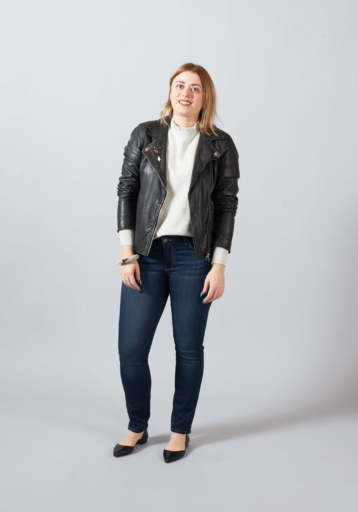 Outfit with Paige Denim Transcend-Verdugo Ankle Skinny Jeans and J. Crew Ruffle Neck Pullover Sweater
