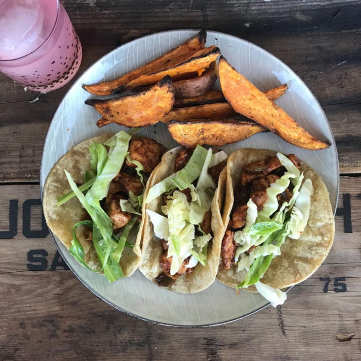 finished BBQ chicken tacos with cabbage slaw and roasted sweet potatoes