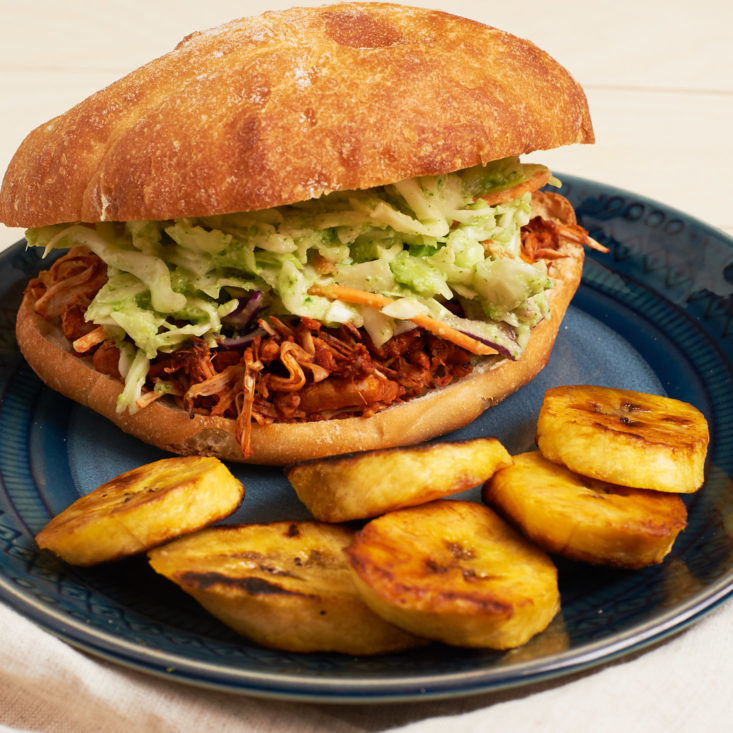 vegan jackfruit sandwich and plantains