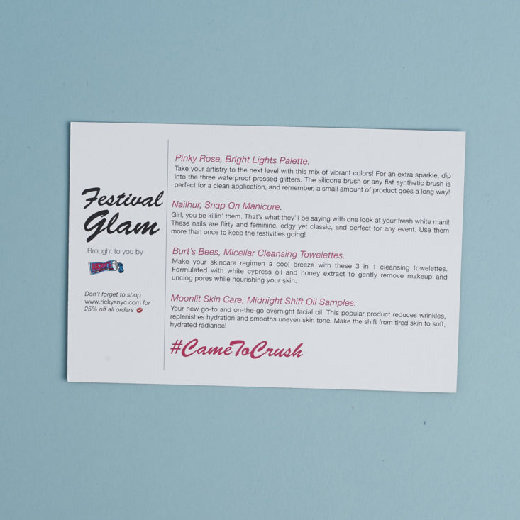 festival glam info card list