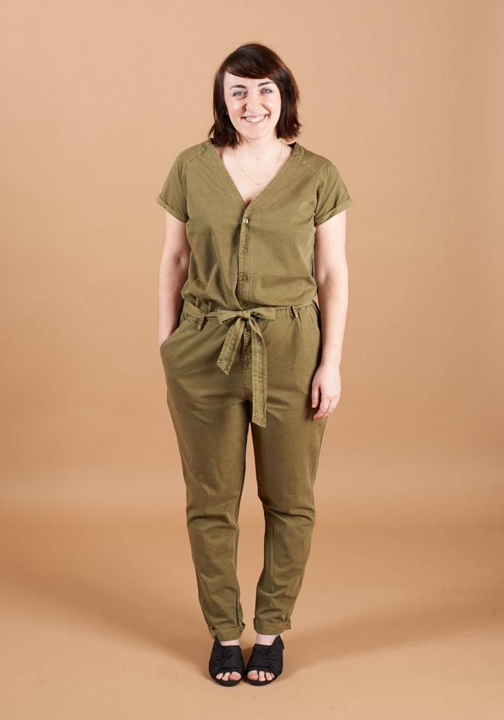 olive jumpsuit on model
