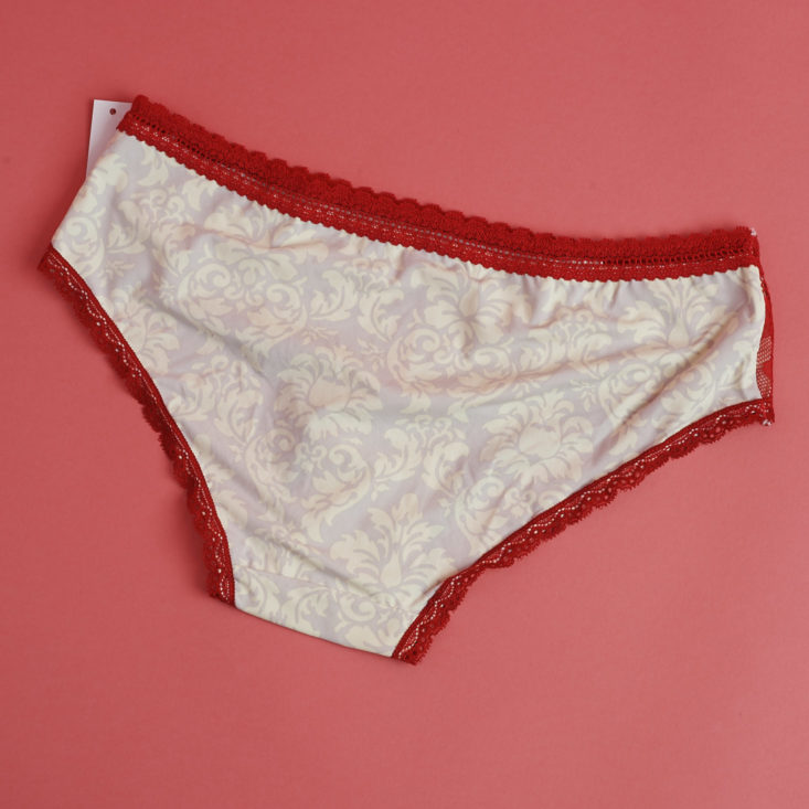 back of Miss Vickies Intimates cream print with red lace undies