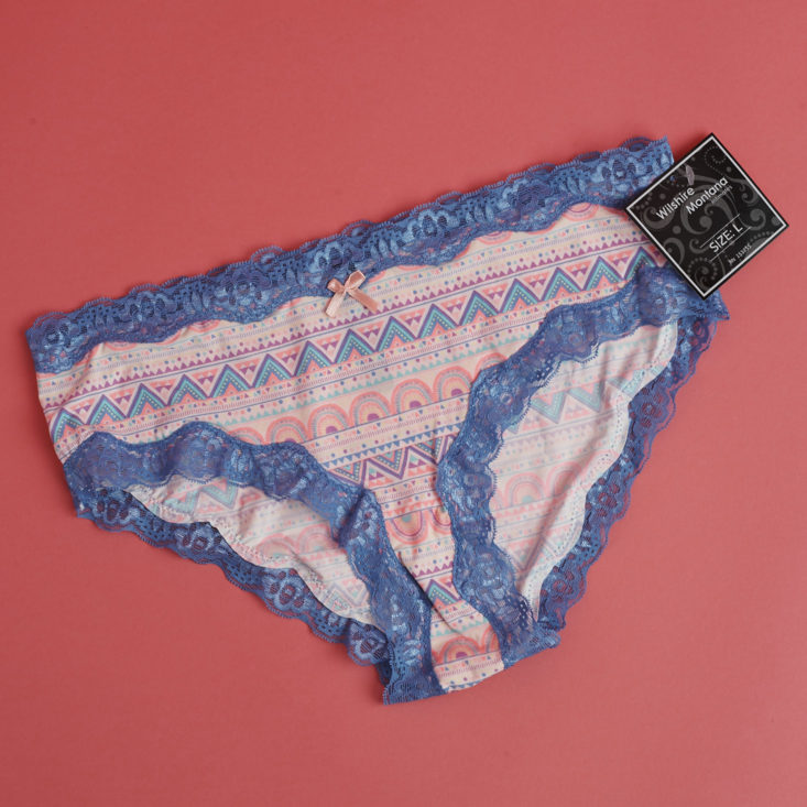 front of Wilshire & Montana Intimates neon geometirc print with blue lace undies