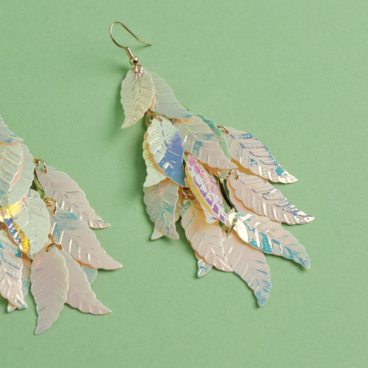close up of Iridescent Feather Earrings