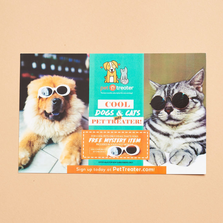 monthly mystery box of awesome pet treater card