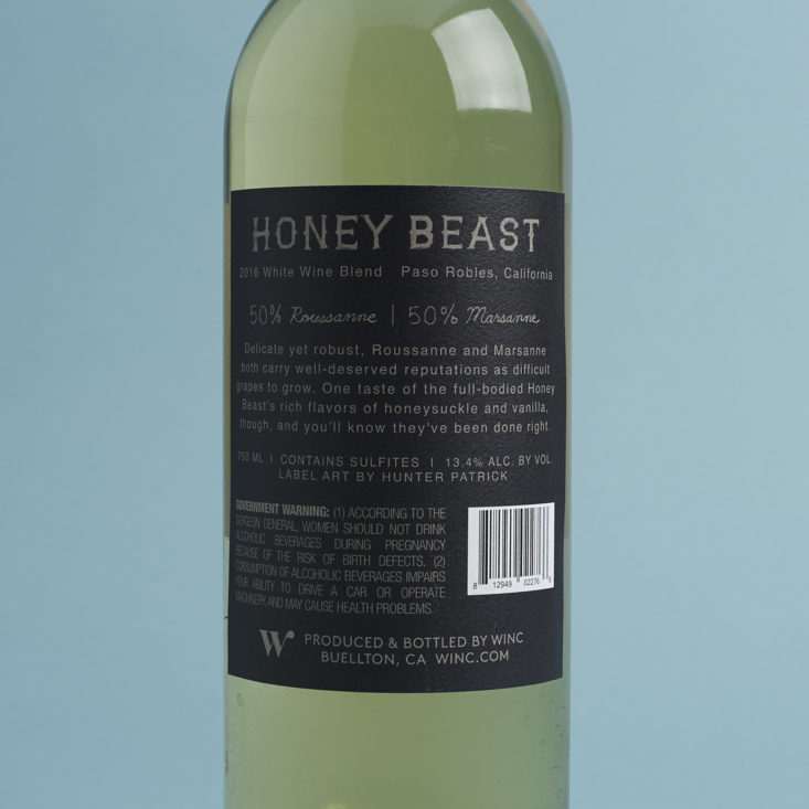 back of 2016 Honey Beast White Blend