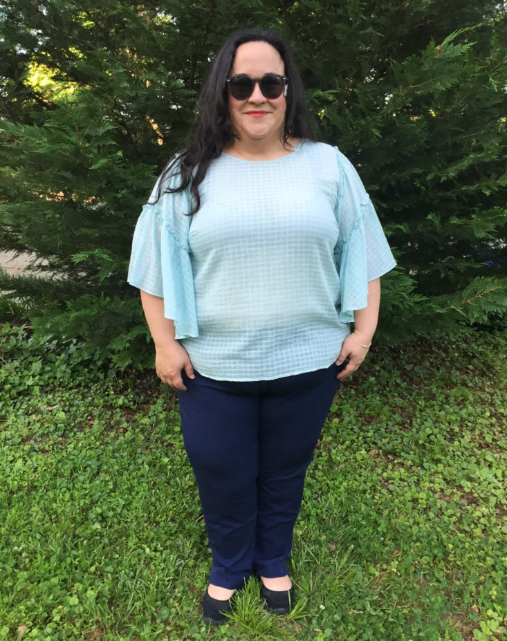 Textured Grid Ruffle Drop Shoulder Blouse by Vince Camuto