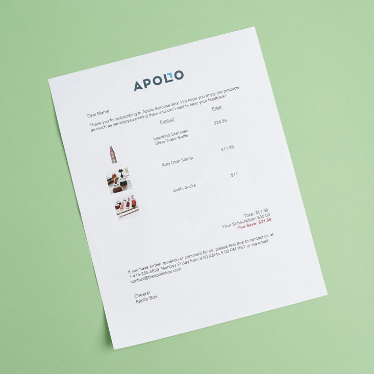 Apollo Surprise Box invoice
