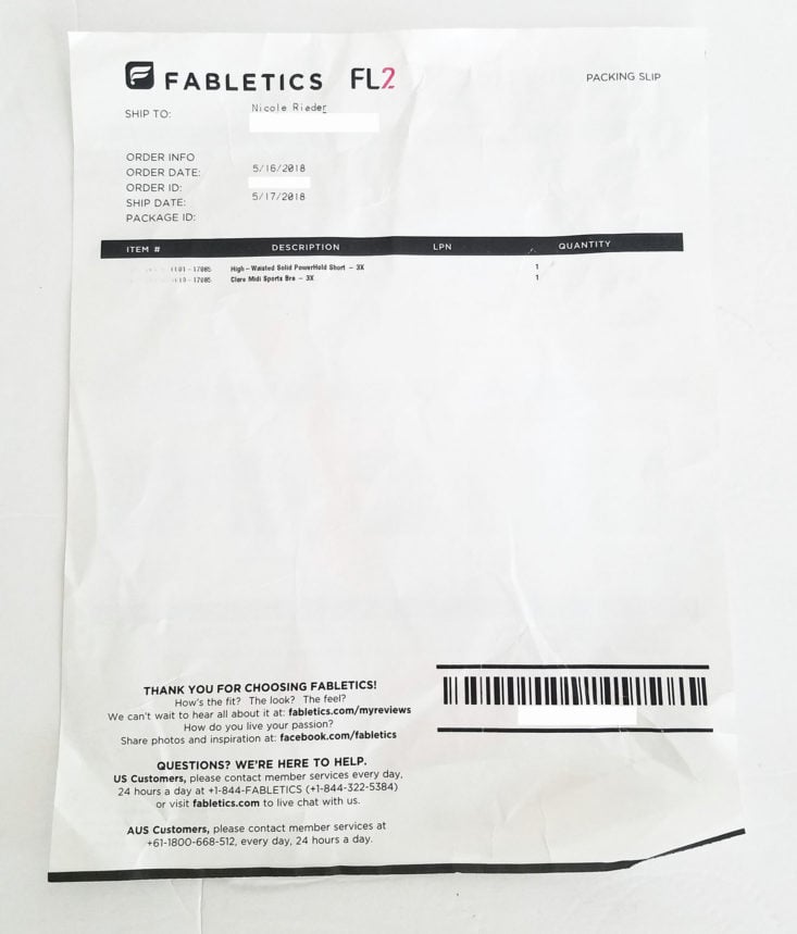 Fabletics Plus Size May 2018 Box 0003 receipt