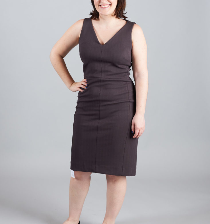 mm lafleur gray sheath dress with v neckline