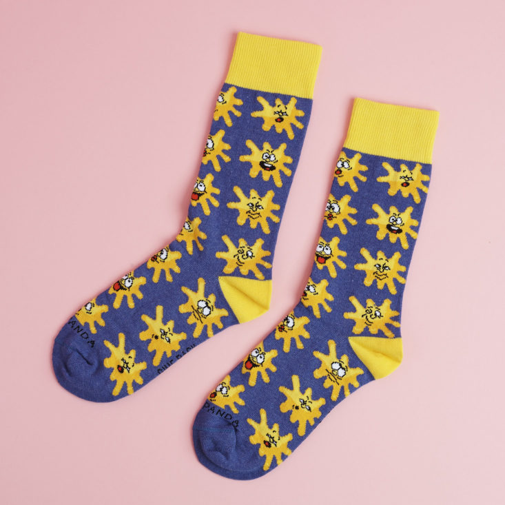 other side of blue and Yellow splat socks
