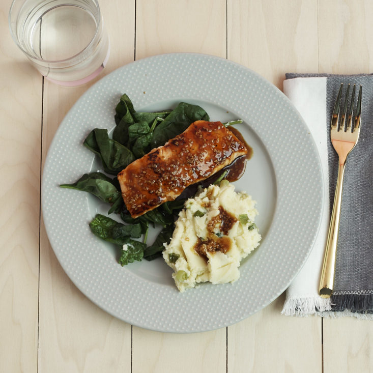plated Soy Glazed Salmon with Wasabi Mashed Potatoes and Spinach