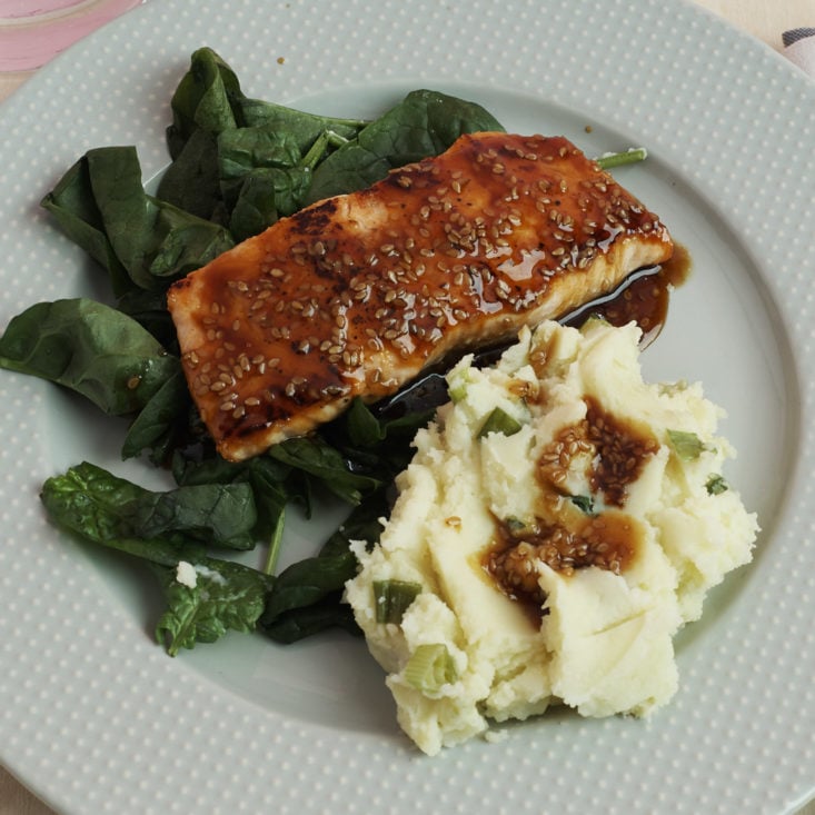 close up of Soy Glazed Salmon with Wasabi Mashed Potatoes and Spinach