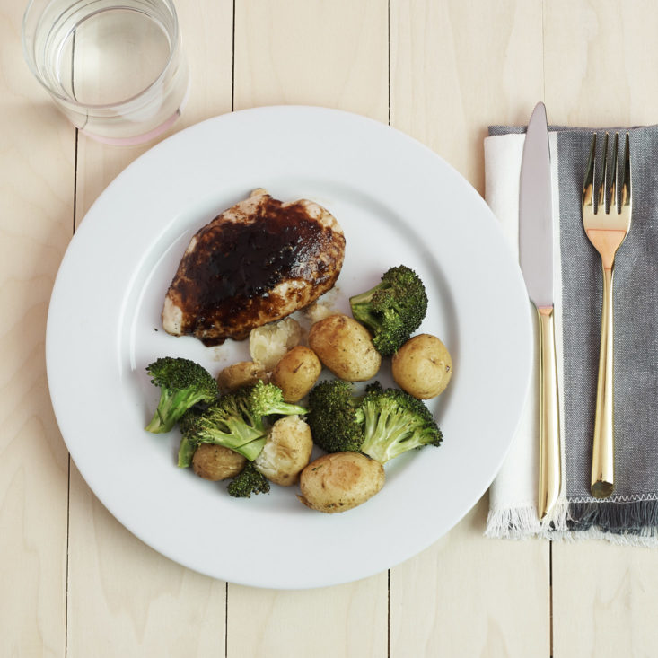 plated Chicken and Cherry Balsamic Sauce with Roasted Potatoes and Broccoli