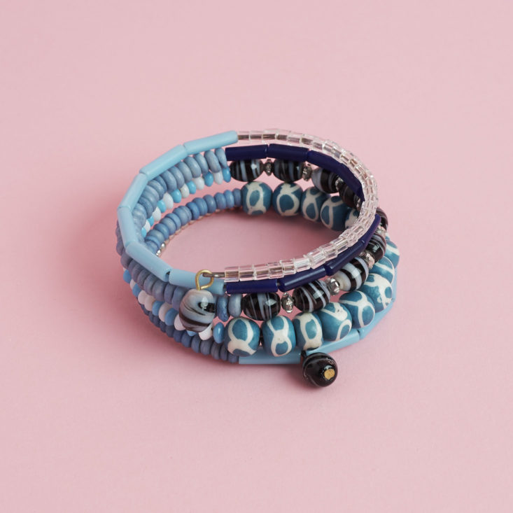 closer look at 5 turn wire bracelet in Sea Blue