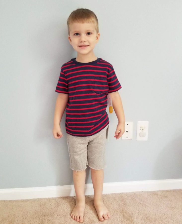 Stitch Fix Kids red tee and grey shorts modeled