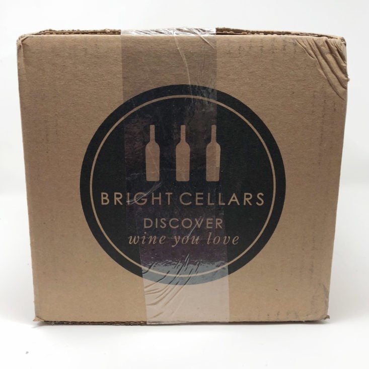 side of a closed cardboard box with Bright Cellars logo printed in black