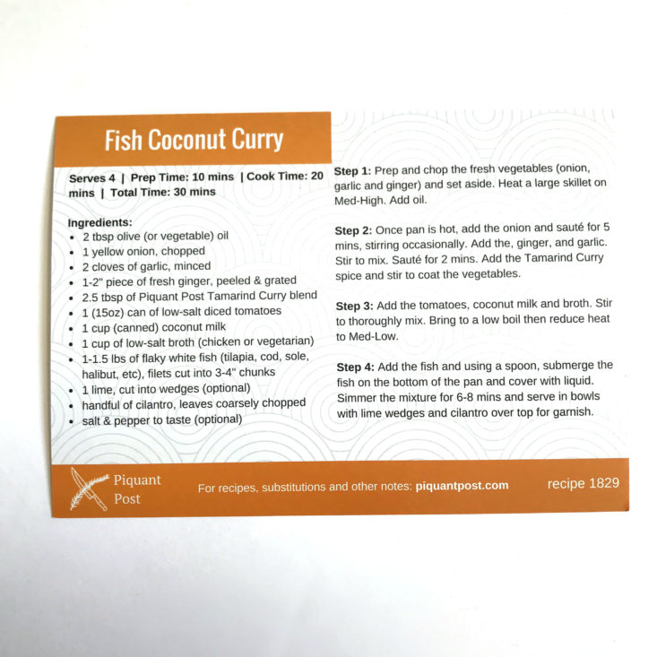 Piquant Post June 2018 - fish coconut curry recipe back